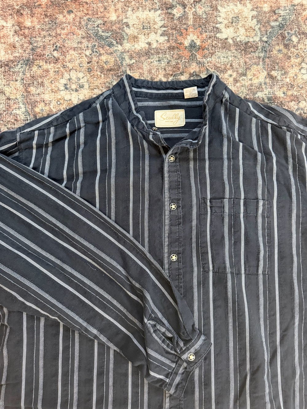 Scully Men's Black Shirt Vertical Stripes, Mandarin Collar with star buttons